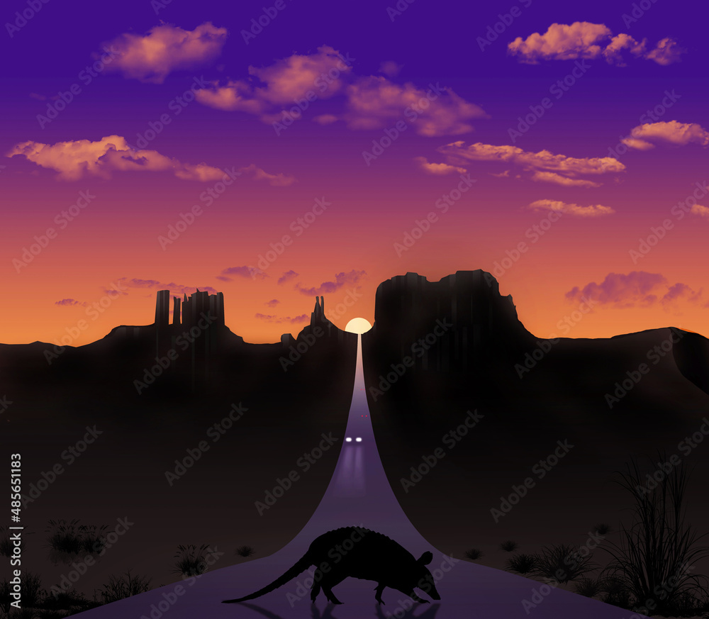 An armadillo crosses the road in a southwestern USA landscape. This is ...