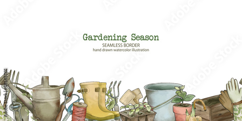 Gardening border, hand drawn vector watercolor illustration