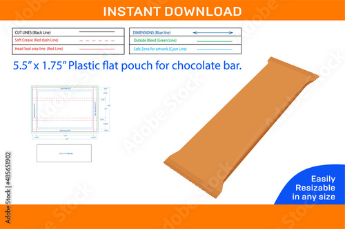 dieline template of plastic flat pouch for chocolate bar_Box dieline and 3D box