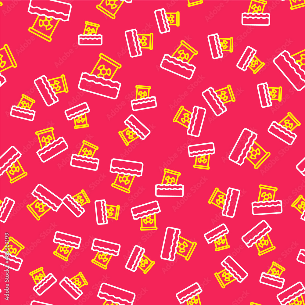 Line Radioactive waste in barrel icon isolated seamless pattern on red background. Toxic waste contamination on water. Environmental pollution. Vector Line Radioactive waste in barrel icon isolated seamless pattern on red background. Toxic waste contamination on water. Environmental pollution. Vector