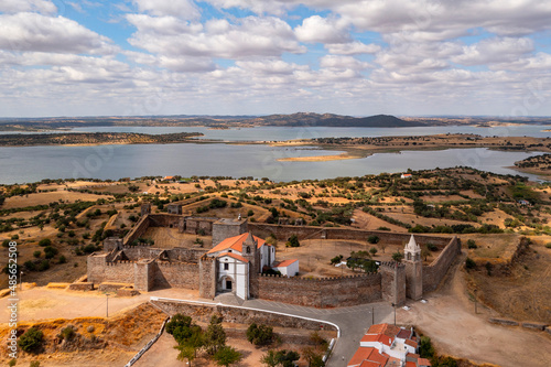 Aerial view of Evoramonte castle, a fort on hilltop, Evora, Portugal. photo