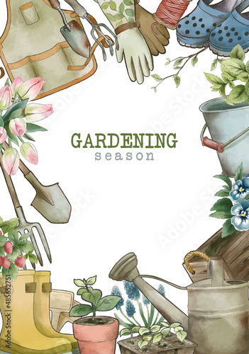 Gardening tools frame, vintage watercolor style, hand drawn