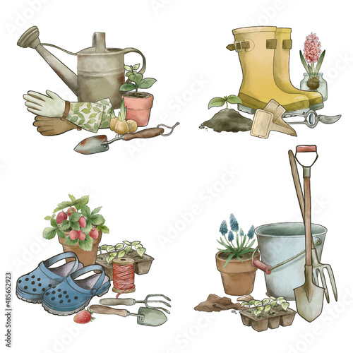 Set of four gardening compositions, vintage watercolor style
