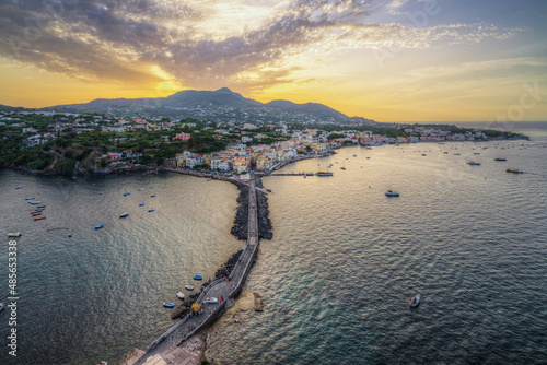 Beautiful aerial view at sunset of Ischia from the Aragonese Castle (Castello Aragonese), Italy