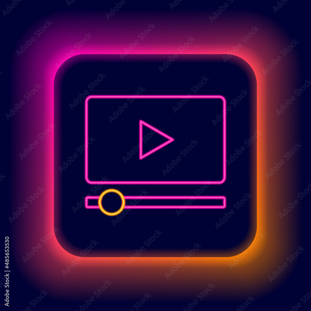 Glowing neon line Online play video icon isolated on black background. Film strip with play sign. Colorful outline concept. Vector Glowing neon line Online play video icon isolated on black background. Film strip with play sign. Colorful outline concept. Vector