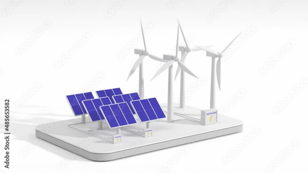 3d animation, isometric wind turbines and solar panels with battery ...