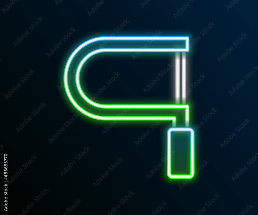 Glowing neon line Hacksaw icon isolated on black background. Metal saw for wood and metal. Colorful outline concept. Vector Glowing neon line Hacksaw icon isolated on black background. Metal saw for wood and metal. Colorful outline concept. Vector
