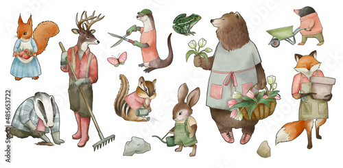 Set of cute dressed forest animals, vintage watercolor style