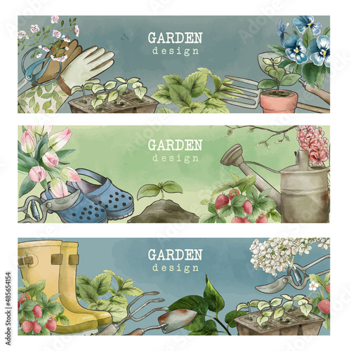 Set of three gardening banners, vintage watercolor style