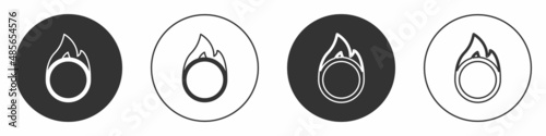 Black Circus fire hoop icon isolated on white background. Ring of fire flame. Round fiery frame. Circle button. Vector