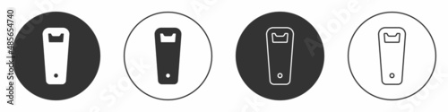 Black Bottle opener icon isolated on white background. Circle button. Vector