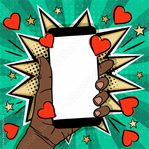Comic love banner with mobile phone in balck hand on explosion background. Bubbles, smartphone and hearts in pop art style. Vector Template for Valentine's Day, design, banners, cards, coupons and pos