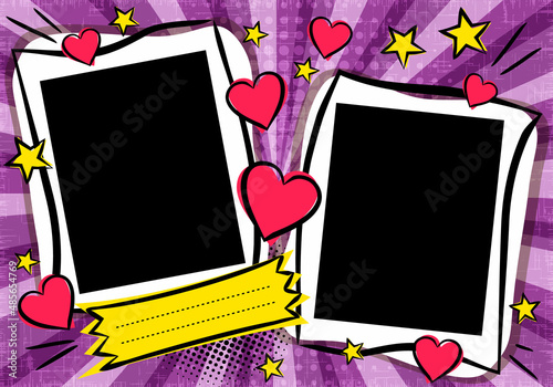 Love Pop art Bright comic double photo frame with hearts and stars. Box for text. Template for congratulations, Valentines day or wedding photo album. Vector illustration