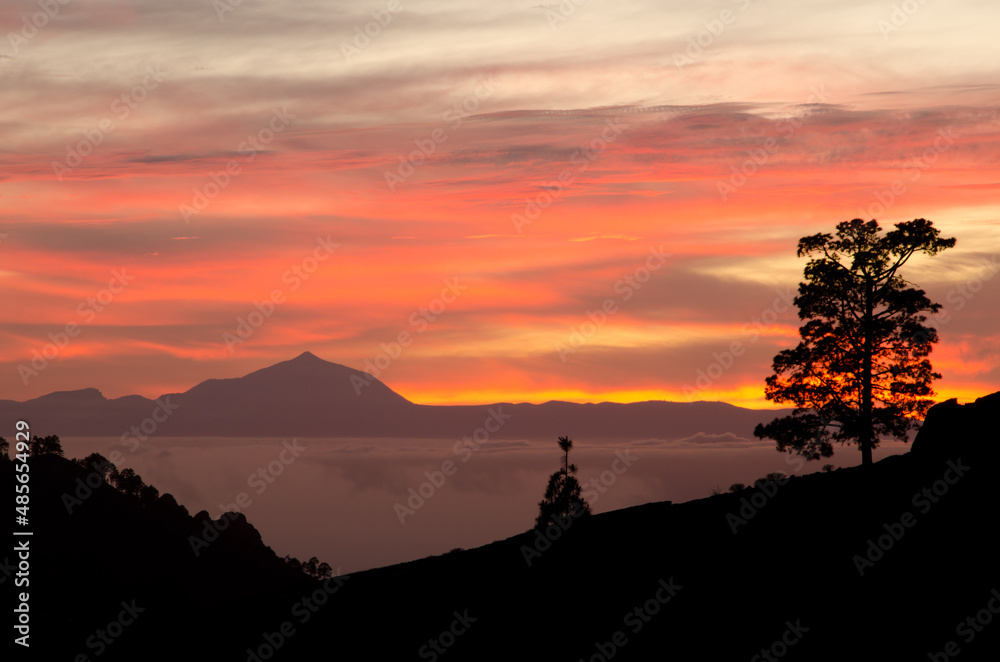 Island of Tenerife with the Teide peak from Gran Canaria at sunset. Canary Islands. Spain.