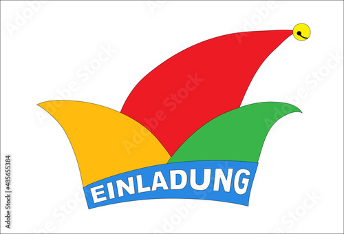 Bunter Faschingshut mit Schellenglöckchen und Einladung, Text, Karneval  und Fasching, Karnevals Hut, bunter Faschingshut, Faschingskappe,
Vektor Illustration isoliert auf weißem Hintergrund
