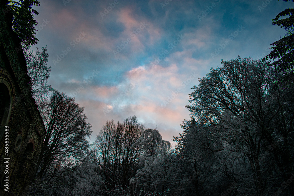 sunset in the forest ,The ruins of the chapel of Our Lady Help of Christians, Primda