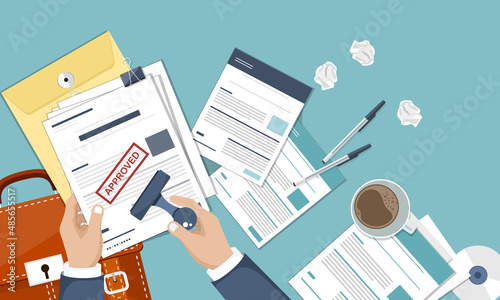 Approved stamp on paper. Hand stamping. Notary approving a documents. Vector illustration in flat style. Approved documents on wooden desk, top view.