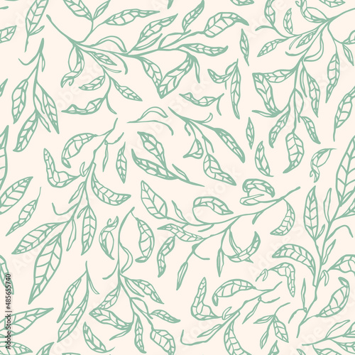 Sage green botany leaf plant illustrations seamless repeat pattern. Random placed, vector outlined herbs all over surface print on beige background.