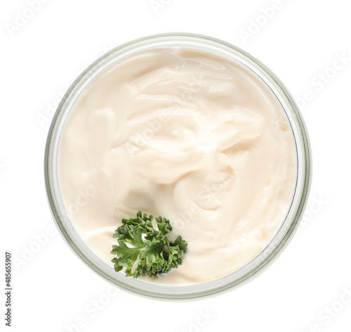 Mayonnaise with parsley in glass jar isolated on white, top view