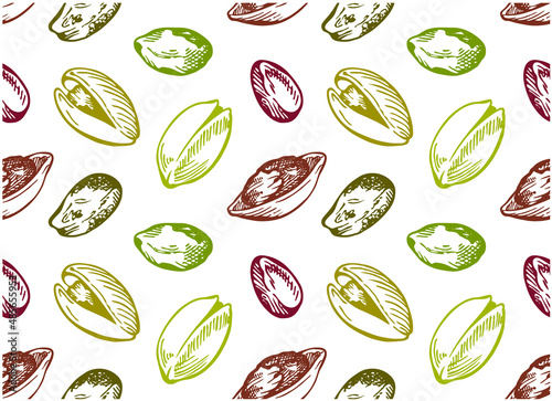 Sketch hand drawn pattern of colorful pistachios nuts isolated on white background. Engraving drawing nut wallpaper. Organic vegan food packaging. Vector illustration.
