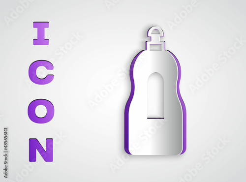Paper cut Dishwashing liquid bottle icon isolated on grey background. Liquid detergent for washing dishes. Paper art style. Vector
