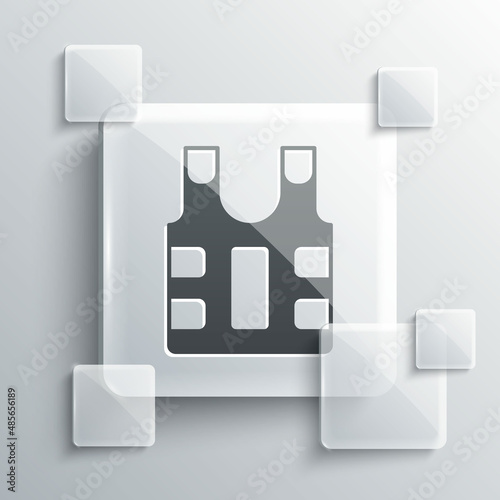 Grey Bulletproof vest for protection from bullets icon isolated on grey background. Body armor sign. Military clothing. Square glass panels. Vector
