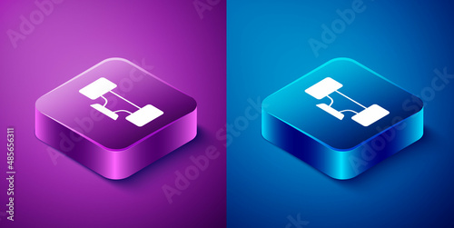 Isometric Skateboard wheel icon isolated on blue and purple background. Skateboard suspension. Skate wheel. Square button. Vector