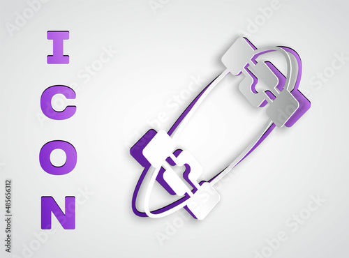Paper cut Longboard or skateboard cruiser icon isolated on grey background. Extreme sport. Sport equipment. Paper art style. Vector