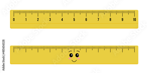 Cute wooden or plastic ruler measure instrument kawaii isolated on white background. Yellow school measuring ruler in centimeters scale. Vector flat illustration
