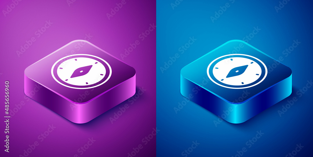 Isometric Compass icon isolated on blue and purple background. Windrose navigation symbol. Wind rose sign. Square button. Vector Isometric Compass icon isolated on blue and purple background. Windrose navigation symbol. Wind rose sign. Square button. Vector