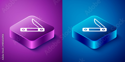 Isometric Swiss army knife icon isolated on blue and purple background. Multi-tool, multipurpose penknife. Multifunctional tool. Square button. Vector photo