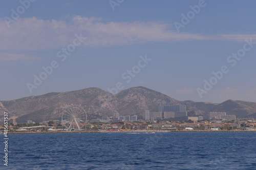 view of city skyline at the sea