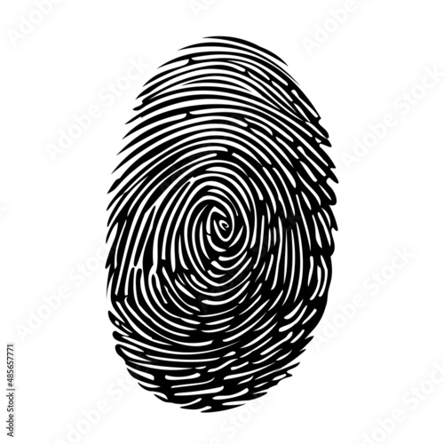 Finger print silhouette. Black thumb fingerprint id icon on white background. Touch security for screen display. Evidence at the crime scene. JPG illustration