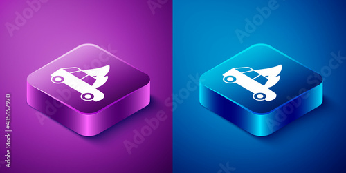 Isometric Burning car icon isolated on blue and purple background. Car on fire. Broken auto covered with fire and smoke. Square button. Vector