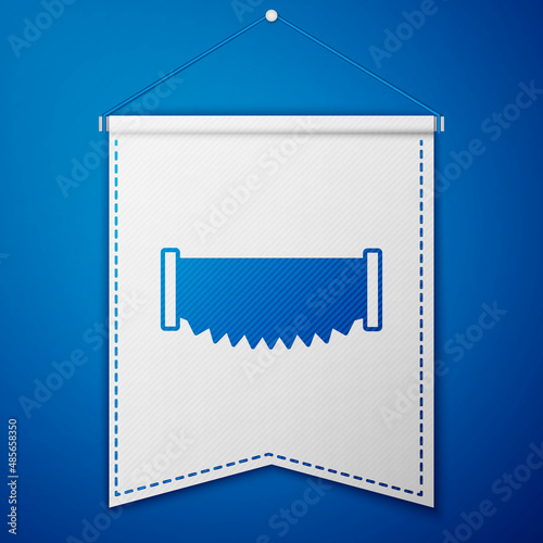 Blue Two-handed saw icon isolated on blue background. White pennant template. Vector