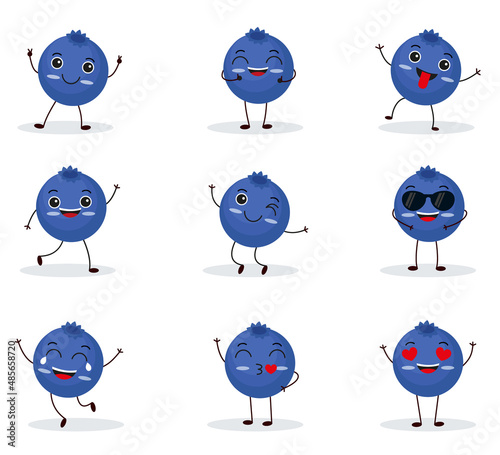 Cute happy blueberry character. Funny fruit emoticon in flat style.