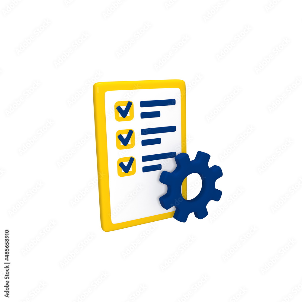 Documents and gear icon. Items marked on the sheet. Autocomplete. 3D rendering. Elements for design. Documents and gear icon. Items marked on the sheet. Autocomplete. 3D rendering. Elements for design.