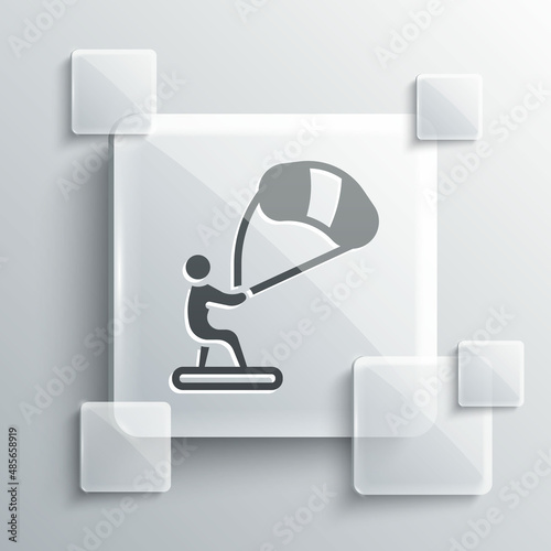 Grey Kitesurfing icon isolated on grey background. Square glass panels. Vector