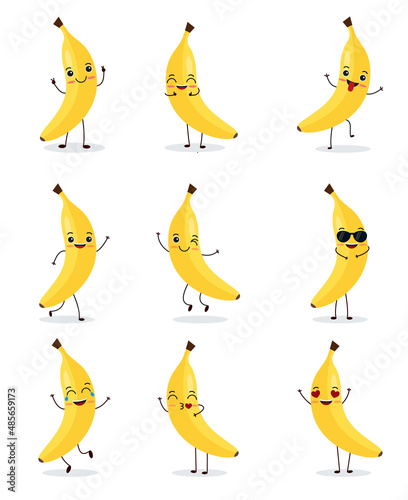 Cute happy banana character. Funny fruit emoticon in flat style.