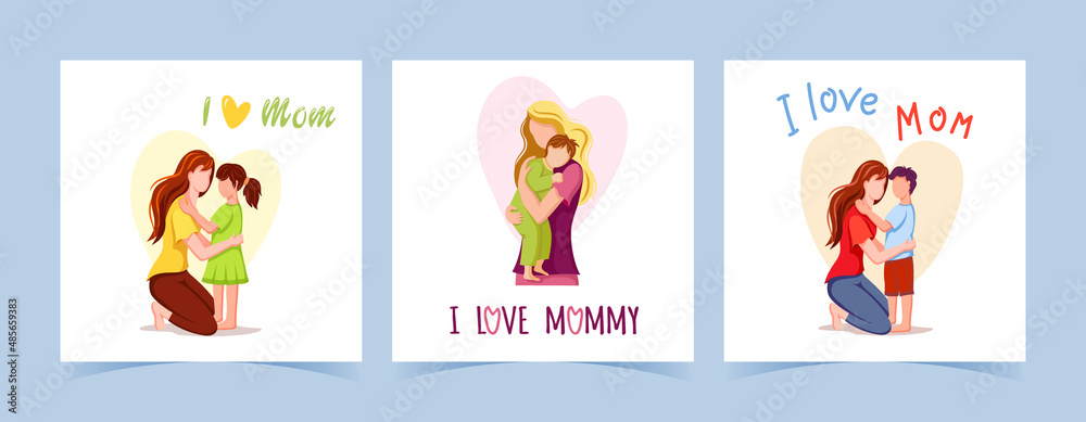 Greeting cards with lettering I love mom.  Son and daughter congratulate their mother. Children's love to their mother. Isolated vector illustrations for postcard, card, poster, banner in flat style.