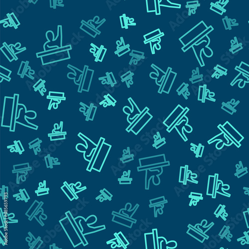 Green line Active male kid raising hand answering to teacher question icon isolated seamless pattern on blue background. An elementary student raises his hand. Vector