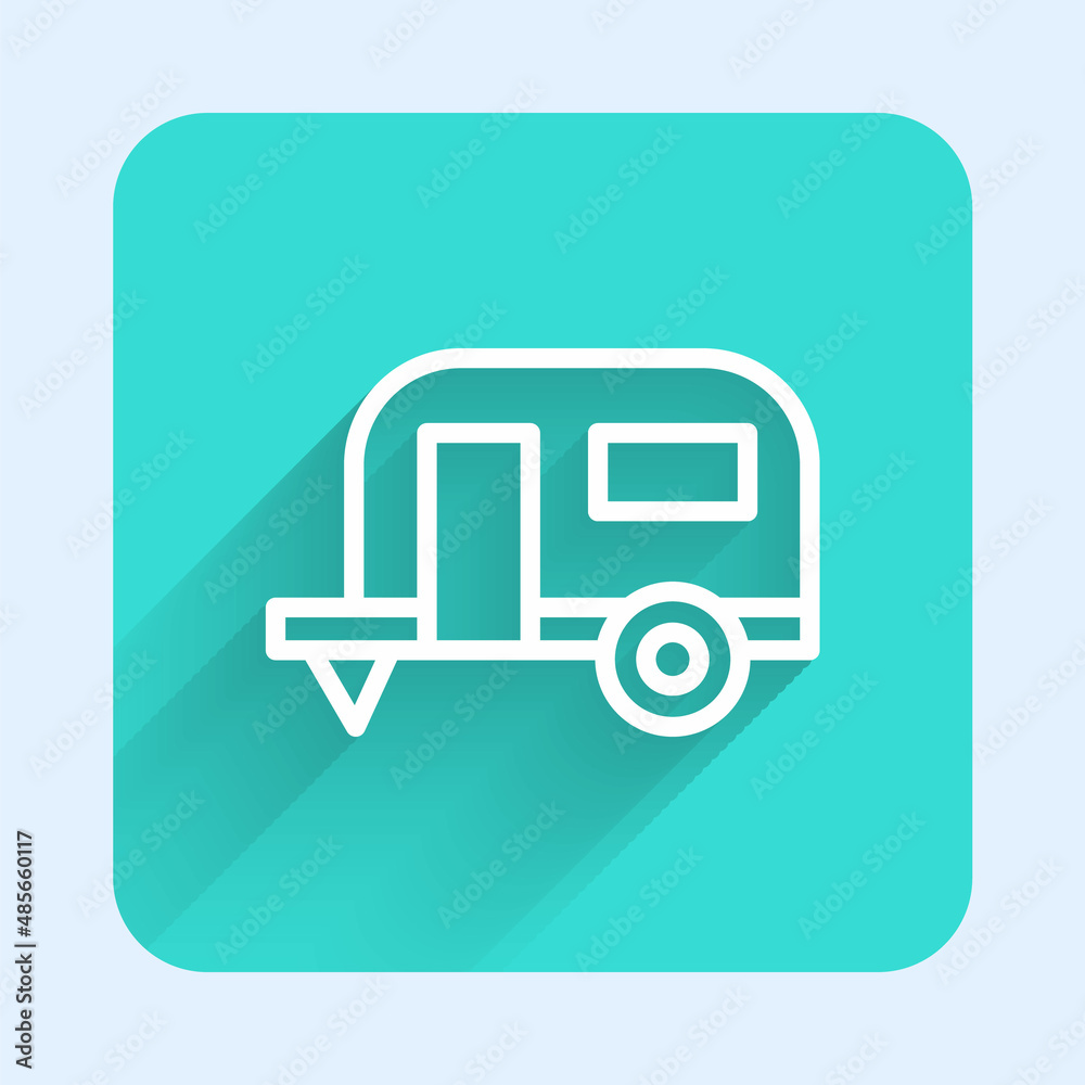 White line Rv Camping trailer icon isolated with long shadow. Travel mobile home, caravan, home camper for travel. Green square button. Vector White line Rv Camping trailer icon isolated with long shadow. Travel mobile home, caravan, home camper for travel. Green square button. Vector