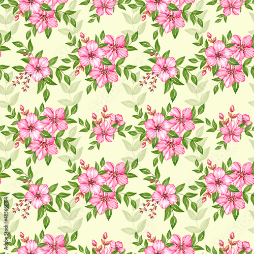 Floral watercolor pattern with pink cherry blossom © SashaKondr