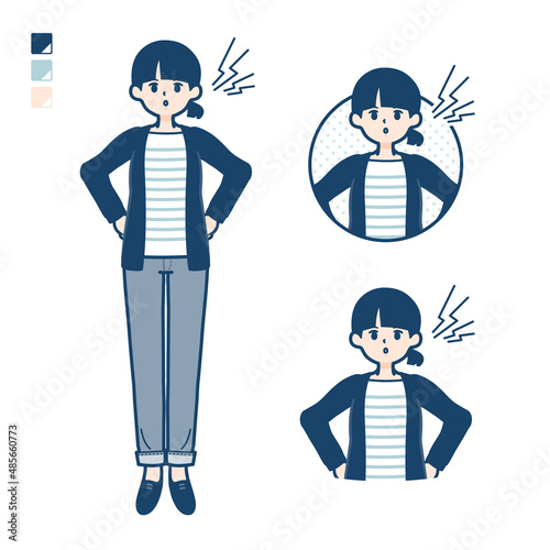 ひとつ結びヘアーの女性が怒っているイラスト