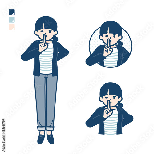 ひとつ結びヘアーの女性が指でシーとしているイラスト