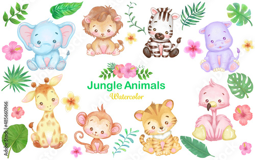 Jungle Safari animals illustration of watercolor painting. Baby animals, tropical plants and flowers. 