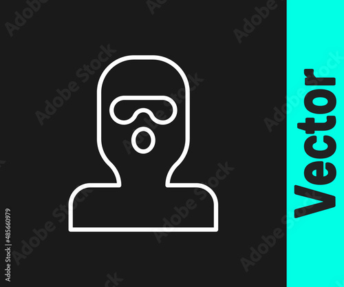 White line Thief mask icon isolated on black background. Bandit mask, criminal man. Vector