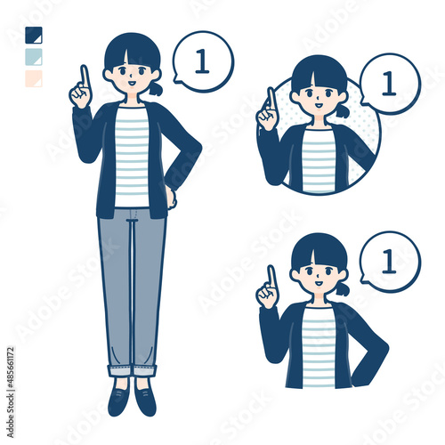 ひとつ結びヘアーの女性が1とカウントしているイラスト