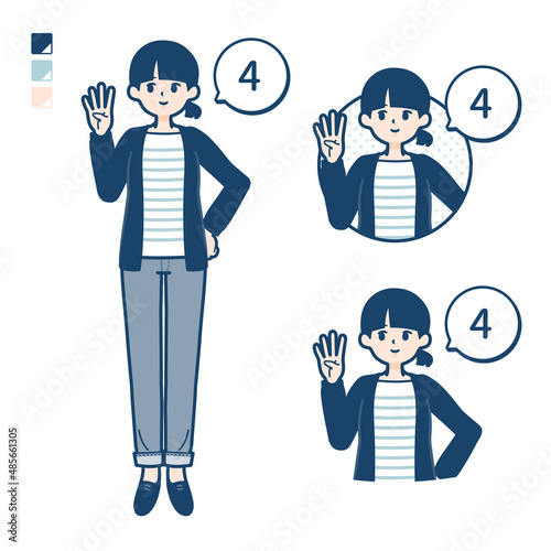 ひとつ結びヘアーの女性が4とカウントしているイラスト
