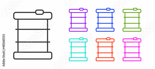 Black line Radioactive waste in barrel icon isolated on white background. Toxic refuse keg. Radioactive garbage emissions, environmental pollution. Set icons colorful. Vector